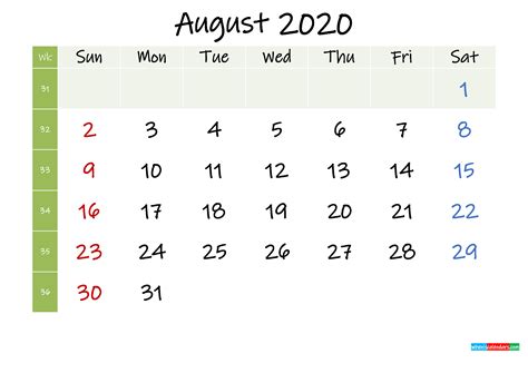 Free August 2020 Printable Calendar With Holidays Template K20m380