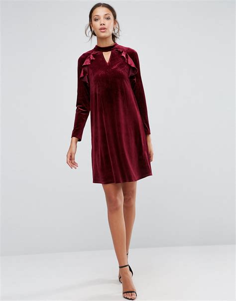 Lyst True Decadence Frill Long Sleeve Velvet Shift Dress In Red