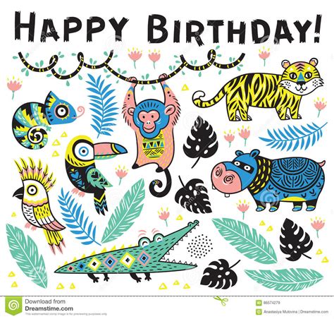 Cute Happy Birthday Card With Cartoon Animals In The