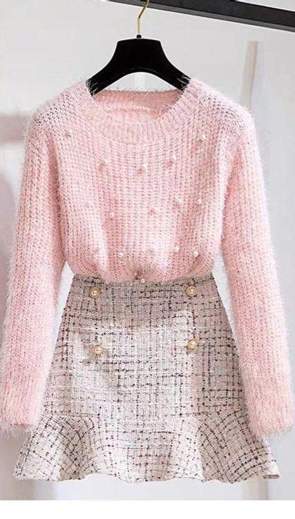Cute Light Pink Sweater And Plaid Skirt Girly Outfits