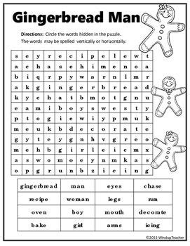 Gingerbread Man Word Search EASY Puzzle Easy Word Search School Ot