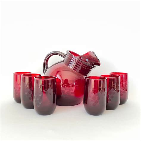 Vintage Ruby Red Etched Glass 42oz Tilt Ball Wine Jug Pitcher Etsy