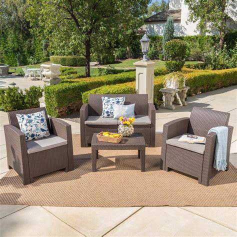 Noble House 4 Piece Faux Wicker Patio Conversation Set With Mixed Beige