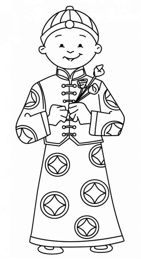 A Young Boy Holding Flowers Say Happy Chinese New Year in Chinese Symbols Coloring Page - NetArt