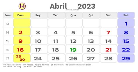 Calendário De Abril De 2023 Com Feriados Nacionais Fases Da Lua E Datas
