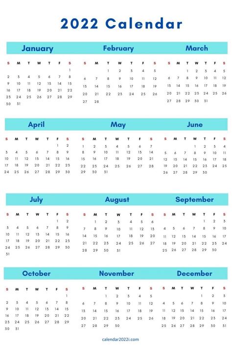 12 Month 2022 Calendar Printable Free Download Calendar 2022