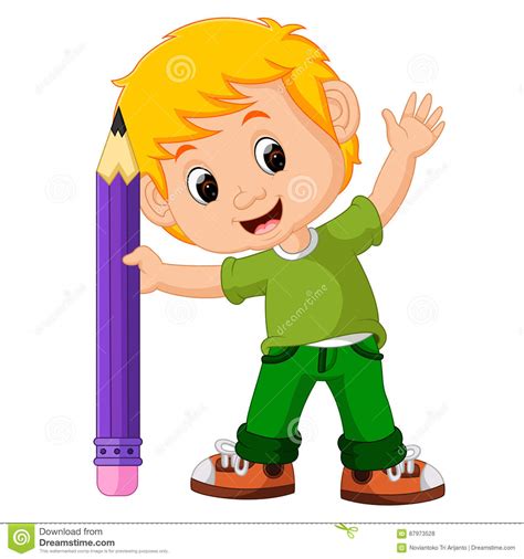 Kids Boy With Big Pencil Cartoon Stock Vector Illustration Of Drawing