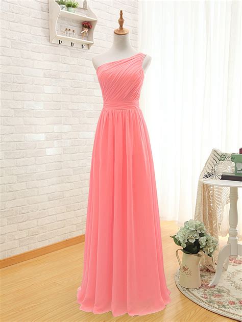 New Trend 2016 Coral Colored Bridesmaid Dresses One Shoulder Long