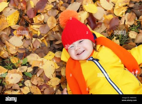 Kid In Autumn Laying In Leaves Stock Photo Alamy