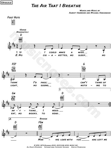 The Hollies The Air That I Breathe Sheet Music Leadsheet In D Major