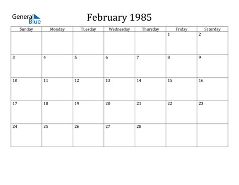 February 1985 Calendar Pdf Word Excel