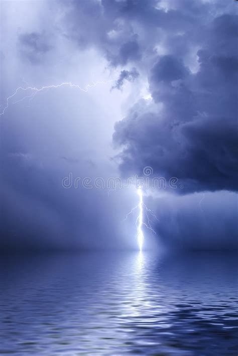 Set Of Heavy Thunderstorm At Night Above The Sea Stock Image Image