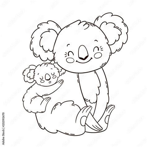 Cute Mother Koala With Her Little Baby On Her Back Coloring Book Page