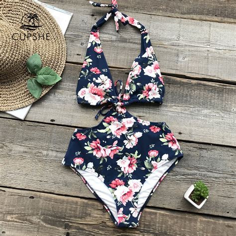 Cupshe Halter Flora Print One Piece Swimsuit Women Deep V Neck Tied