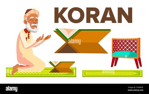 Character Muslim Old Man Reading Koran Vector Stock Vector Image And Art