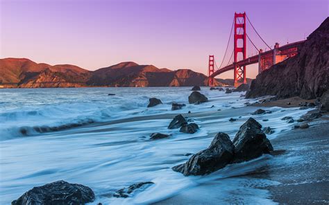 Golden Gate Bridge Bridge San Francisco Beach Ocean Rocks Stones Bay