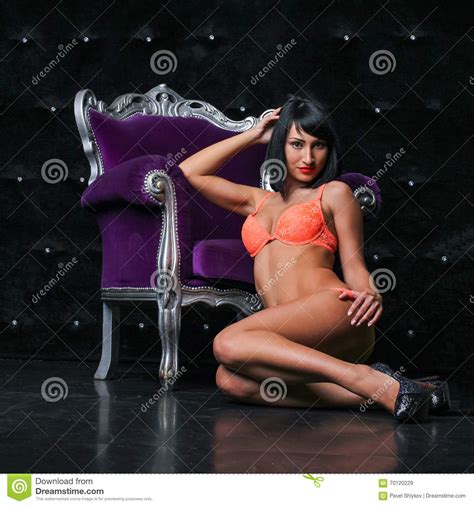 Pretty Brunette In Red Underwear Posing In Studio Stock Image Image