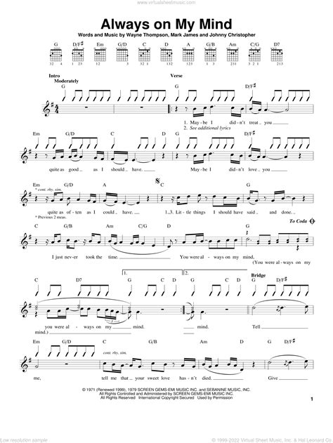 Presley Always On My Mind Sheet Music For Guitar Solo Chords