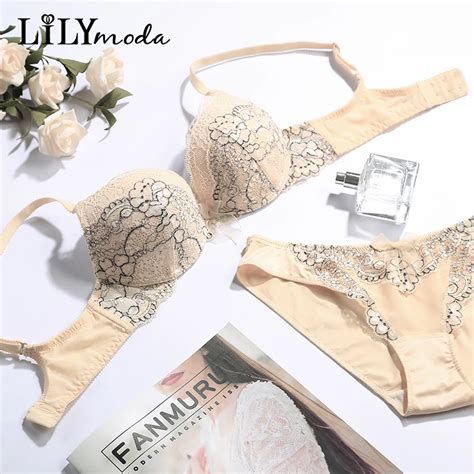 lilymoda sexy lace bra underwear set for women embroidery flowers push up with soft brief