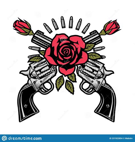 Two Crossed Pistols And Roses Vector Illustration Stock Vector