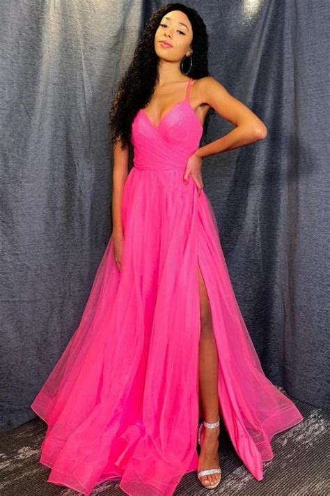 A Line V Neck Hot Pink Tulle Prom Dresses Formal Dresses Pgmdress