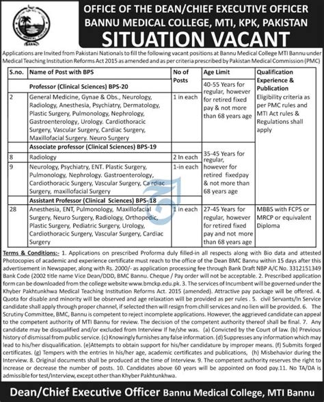 Bannu Medical College Jobs 2022 For MTI Faculty Staff