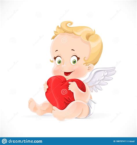 Cute Cupid Sitting And Hugging A Soft Red Pillow Heart Isolated Stock