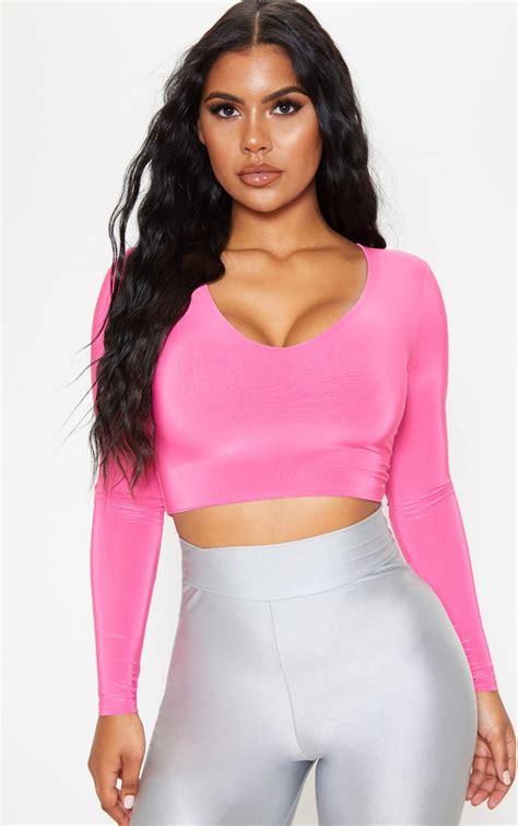 Hot Pink Second Skin V Neck Top Tops Prettylittlething Ca