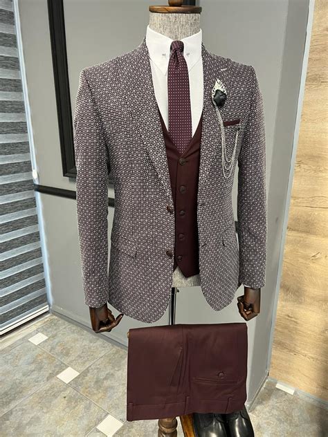 bojoni fremont burgundy slim fit peak lapel patterned suit viclan