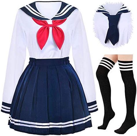 New Japanese School Girls Uniform Sailor Navy Blue Pleated Skirt Anime