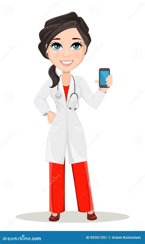 Doctor Woman With Stethoscope Cute Cartoon Smiling Doctor Character In