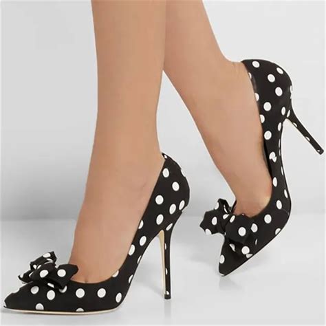 Elegant Black High Heels Shoes Woman Ladies Pointed Toe Bow Polka Dot Stiletto Dress Pumps Slip