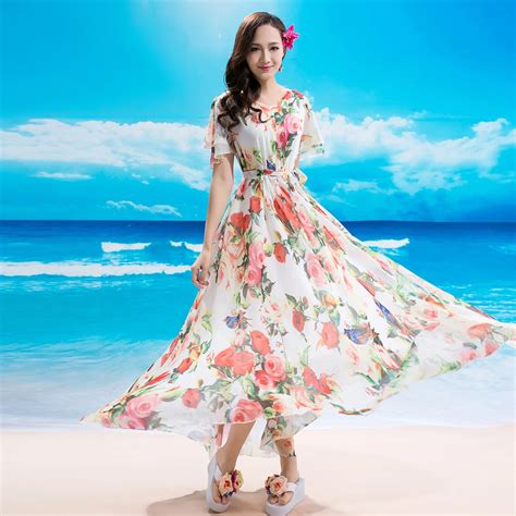 Buy Spring And Summer Chiffon Floral One Piece Dress Short Sleeve Bohemia Beach