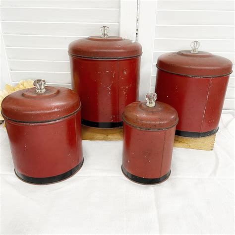 Beautiful Vintage Red Canister Set With Glass Knobs Kitchen Etsy