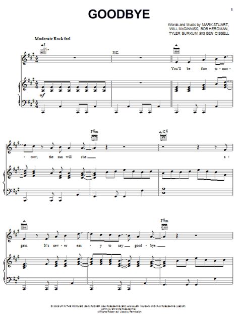 Goodbye Sheet Music Audio Adrenaline Piano Vocal And Guitar Chords