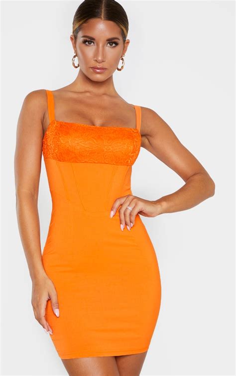 Orange Lace Insert Corset Detail Bodycon Dress Prettylittlething Uae