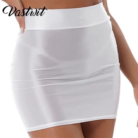 Womens Glossy High Waist Bodycon Mini Skirts Casual Solid Color Rave Party Clubwear Elastic
