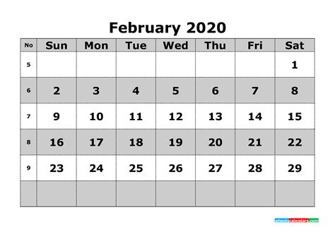 Printable February 2020 Calendar Template Word Pdf