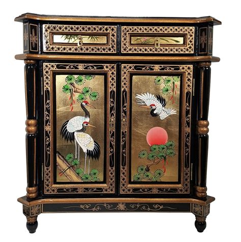 32h Empire Style Oriental Cabinet In Black Lacquer With Gold Leaf