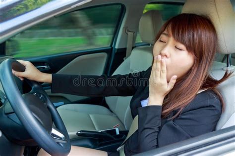 Closeup Portrait Sleepy Tired Close Eyes Young Woman Driving H Stock