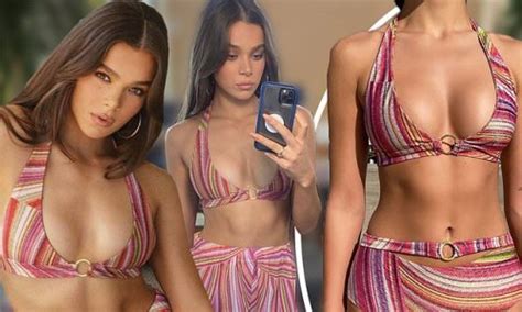 hailee steinfeld flashes her abs in a bikini top as she shares a behind the scenes look at her
