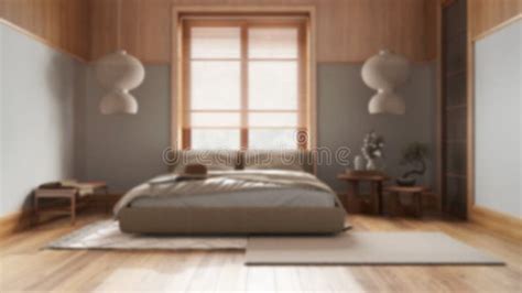 Blurred Background Japandi Bedroom Mock Up Bed With Pillows Japanese