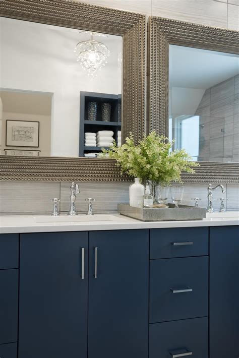 An open vanity in an unexpected color lends personality to this modern bathroom design. Blue Double Vanity With Modern Hardware | Blue bathroom ...