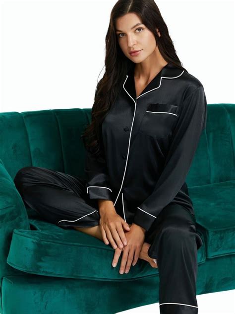 Lonxu Womens Sleepwear Silk Satin Luxury Nightwear Sets Black S