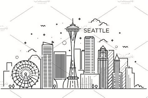 Minimal Seattle City Linear Skyline Seattle Skyline Drawing Skyline