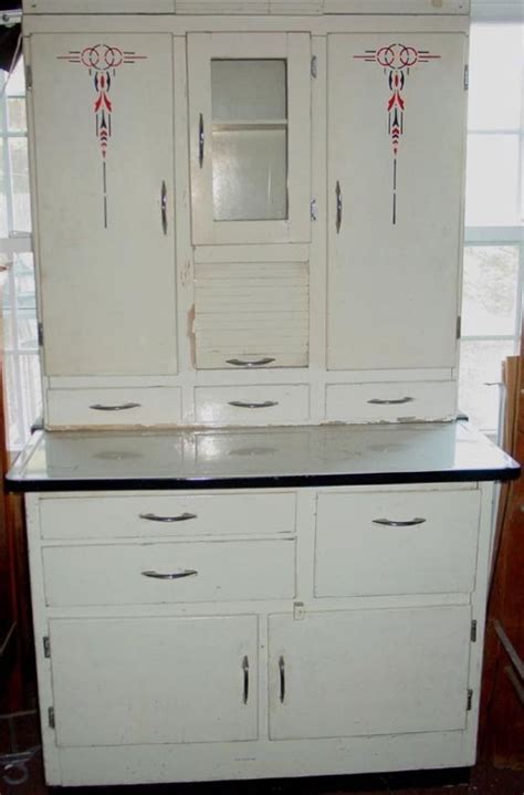 National 707 stair stepped 1940 deco chrome mechanical cabinet door pull latch. 1940's~50's vintage Hoosier Cabinet with flour mill