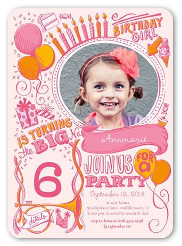 Festive Doodles Girl 5x7 Invitation Card Birthday Invitations Shutterfly Photo Birthday