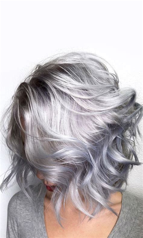 Trendy Grey Silver Hair Colour Ideas For Silky Silver Lob Hairstyle