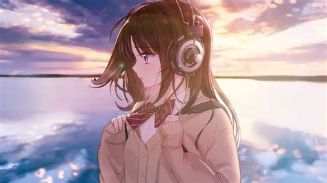 Download Anime Girl Original Headphone Sunset Outdoor Art Wallpaper 1920x1080 Full Hd