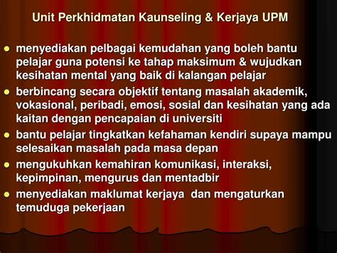 Sehingga pelayanan bimbingan dan konseling lebih bermakna sebagai penunjang pada persiapan siswa dalam menghadapi masa depan. PPT - UNIT 3: PERKHIDMATAN B & K, & PERANAN KAUNSELOR DI ...